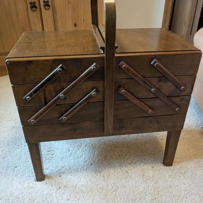 Vintage Strommen Bruk Hamar Norway Accordian Wood Sewing Chest