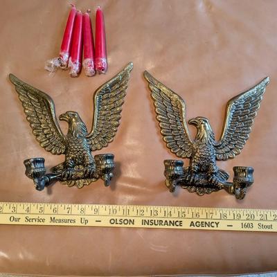 Vintage Pair Of Brass Eagle Wall Sconce Candle Stick Holders