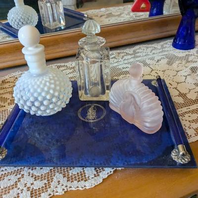 Collection of 3 Vintage Perfume Bottles and Cobalt Tray