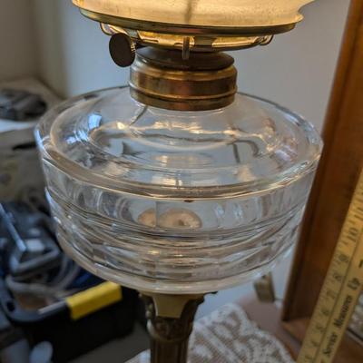 Antique Converted Oil Lamp-Electric Duplex Ribbed Glass Font Acid Etched Shade L&B Burner