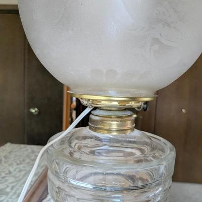 Antique Converted Oil Lamp-Electric Duplex Ribbed Glass Font Acid Etched Shade L&B Burner