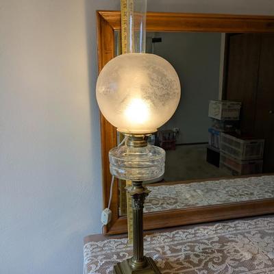 Antique Converted Oil Lamp-Electric Duplex Ribbed Glass Font Acid Etched Shade L&B Burner