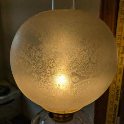Antique Converted Oil Lamp-Electric Duplex Ribbed Glass Font Acid Etched Shade L&B Burner
