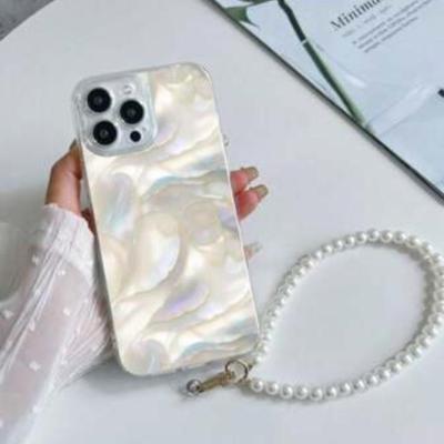 iPhone 13 Pro Mother of Pearl Marble Pattern Phone Case w/Pearl Wristlet