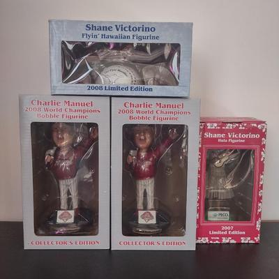 LOT 22K: MLB Philadelphia Phillies Figurines in Box: 2008 LE Shane Victorino “Flyin’ Hawaiian,” 2008 World Champions Charlie Manuel, 2007...