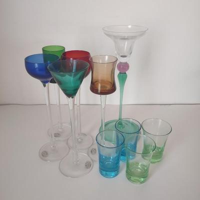 LOT 39K: Colored Glass Shot Glasses & Decorative Flutes