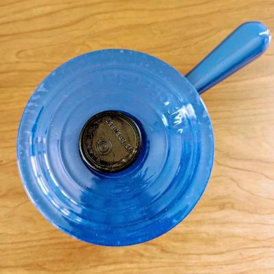 LOT 42K: Le Creuset Cast Iron Blue Enamel Small 2 Handle Dutch Oven and Single Handle Sauce Pan With Lids