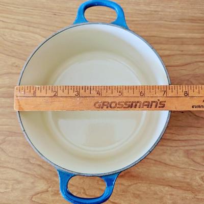 LOT 42K: Le Creuset Cast Iron Blue Enamel Small 2 Handle Dutch Oven and Single Handle Sauce Pan With Lids