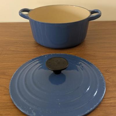 LOT 42K: Le Creuset Cast Iron Blue Enamel Small 2 Handle Dutch Oven and Single Handle Sauce Pan With Lids