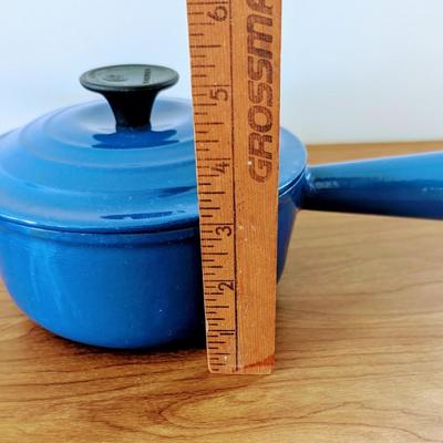LOT 42K: Le Creuset Cast Iron Blue Enamel Small 2 Handle Dutch Oven and Single Handle Sauce Pan With Lids