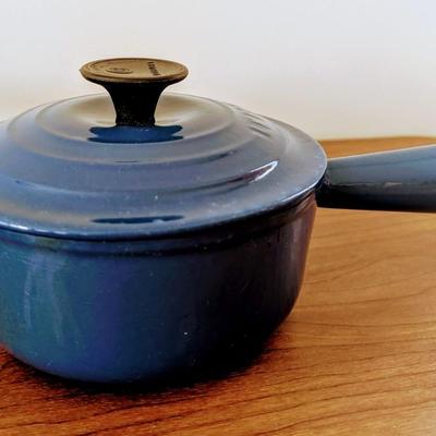 LOT 42K: Le Creuset Cast Iron Blue Enamel Small 2 Handle Dutch Oven and Single Handle Sauce Pan With Lids