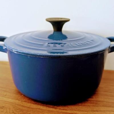 LOT 42K: Le Creuset Cast Iron Blue Enamel Small 2 Handle Dutch Oven and Single Handle Sauce Pan With Lids