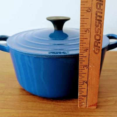 LOT 42K: Le Creuset Cast Iron Blue Enamel Small 2 Handle Dutch Oven and Single Handle Sauce Pan With Lids