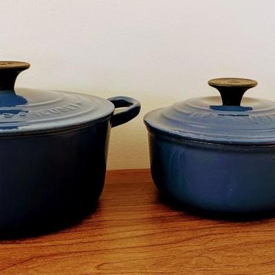 LOT 42K: Le Creuset Cast Iron Blue Enamel Small 2 Handle Dutch Oven and Single Handle Sauce Pan With Lids