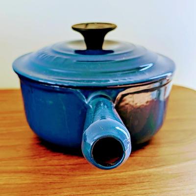 LOT 42K: Le Creuset Cast Iron Blue Enamel Small 2 Handle Dutch Oven and Single Handle Sauce Pan With Lids
