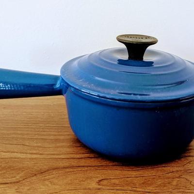 LOT 42K: Le Creuset Cast Iron Blue Enamel Small 2 Handle Dutch Oven and Single Handle Sauce Pan With Lids