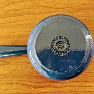 LOT 42K: Le Creuset Cast Iron Blue Enamel Small 2 Handle Dutch Oven and Single Handle Sauce Pan With Lids