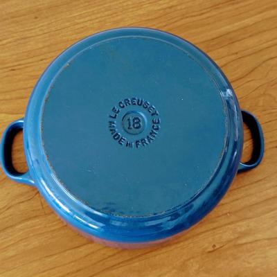 LOT 42K: Le Creuset Cast Iron Blue Enamel Small 2 Handle Dutch Oven and Single Handle Sauce Pan With Lids