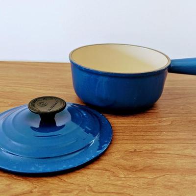 LOT 42K: Le Creuset Cast Iron Blue Enamel Small 2 Handle Dutch Oven and Single Handle Sauce Pan With Lids