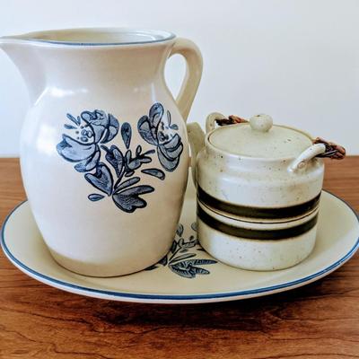 LOT 43K: Vintage Pfaltzgraff Stoneware Yorktown Blue Floral Platter With Matching 64oz Pitcher And Vintage Japanese Tea Pot With...