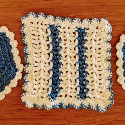 LOT 45K: Vintage Pillsbury Doughboy Kitchen Utensil Holder, Magnets And Hanging Kitchen Towels With Coordinating Hand Crocheted Potholders