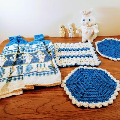 LOT 45K: Vintage Pillsbury Doughboy Kitchen Utensil Holder, Magnets And Hanging Kitchen Towels With Coordinating Hand Crocheted Potholders