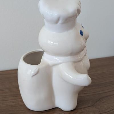 LOT 45K: Vintage Pillsbury Doughboy Kitchen Utensil Holder, Magnets And Hanging Kitchen Towels With Coordinating Hand Crocheted Potholders
