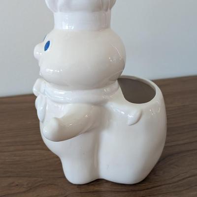 LOT 45K: Vintage Pillsbury Doughboy Kitchen Utensil Holder, Magnets And Hanging Kitchen Towels With Coordinating Hand Crocheted Potholders