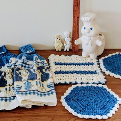 LOT 45K: Vintage Pillsbury Doughboy Kitchen Utensil Holder, Magnets And Hanging Kitchen Towels With Coordinating Hand Crocheted Potholders