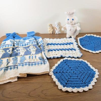 LOT 45K: Vintage Pillsbury Doughboy Kitchen Utensil Holder, Magnets And Hanging Kitchen Towels With Coordinating Hand Crocheted Potholders