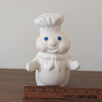 LOT 45K: Vintage Pillsbury Doughboy Kitchen Utensil Holder, Magnets And Hanging Kitchen Towels With Coordinating Hand Crocheted Potholders
