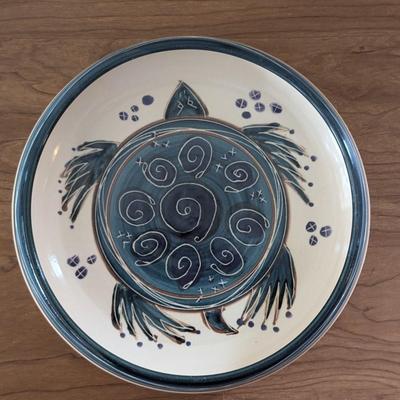 LOT 48K: Shallow Sea Turtle Pottery Bowl, Blue Glazed Pottery Bowl And Signed Green Ramen Bowl
