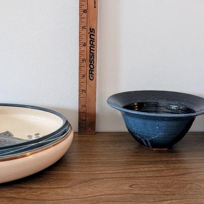 LOT 48K: Shallow Sea Turtle Pottery Bowl, Blue Glazed Pottery Bowl And Signed Green Ramen Bowl