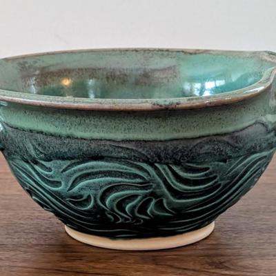 LOT 48K: Shallow Sea Turtle Pottery Bowl, Blue Glazed Pottery Bowl And Signed Green Ramen Bowl