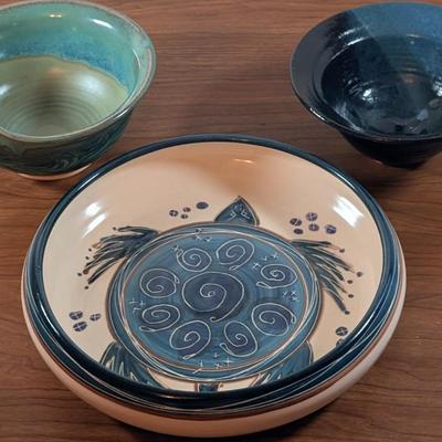 LOT 48K: Shallow Sea Turtle Pottery Bowl, Blue Glazed Pottery Bowl And Signed Green Ramen Bowl