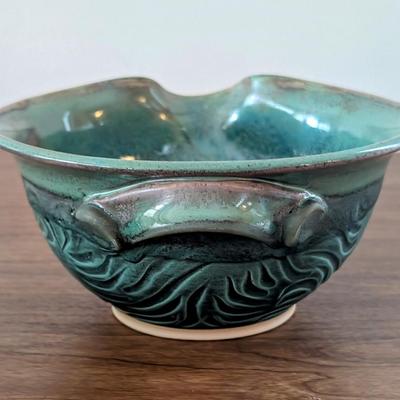 LOT 48K: Shallow Sea Turtle Pottery Bowl, Blue Glazed Pottery Bowl And Signed Green Ramen Bowl
