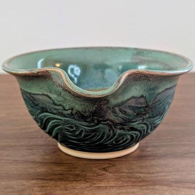 LOT 48K: Shallow Sea Turtle Pottery Bowl, Blue Glazed Pottery Bowl And Signed Green Ramen Bowl