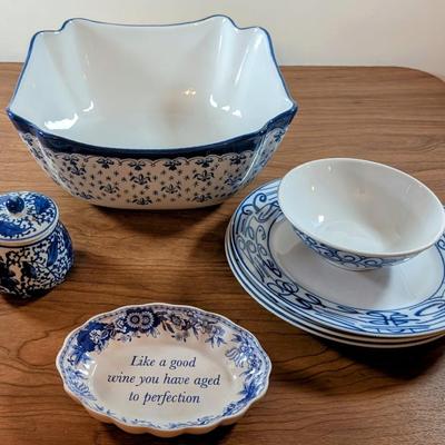 LOT 51K: Collection Of Blue And White Plates, Small Bowl, WCL Serving Bowl, Spode Dish And Candle Jar with Lid