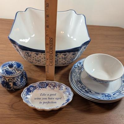 LOT 51K: Collection Of Blue And White Plates, Small Bowl, WCL Serving Bowl, Spode Dish And Candle Jar with Lid