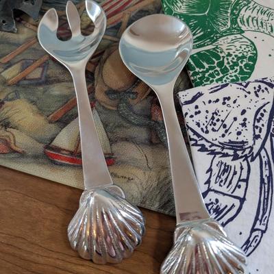 LOT 55K: Beach Themed Collection, 2 Fluted Champagne Glasses, Serving Tray, Utensils, Glass Cutting Board, Kitchen Towels And Whimsical...