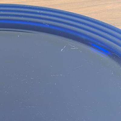 LOT 56K: Vintage Large Smokey Mauve Glass Shallow Bowl With Stand, Medium Size Cobalt Blue Plate And Blue Glass Bowls With Vertical Ridge...