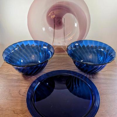 LOT 56K: Vintage Large Smokey Mauve Glass Shallow Bowl With Stand, Medium Size Cobalt Blue Plate And Blue Glass Bowls With Vertical Ridge...