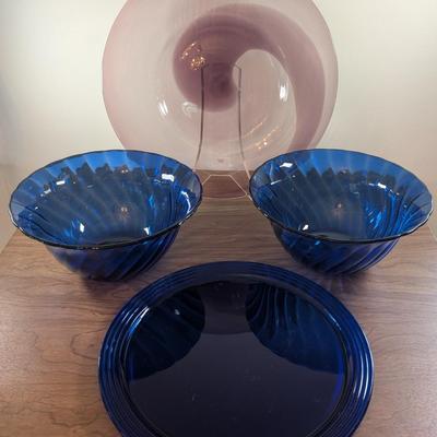 LOT 56K: Vintage Large Smokey Mauve Glass Shallow Bowl With Stand, Medium Size Cobalt Blue Plate And Blue Glass Bowls With Vertical Ridge...