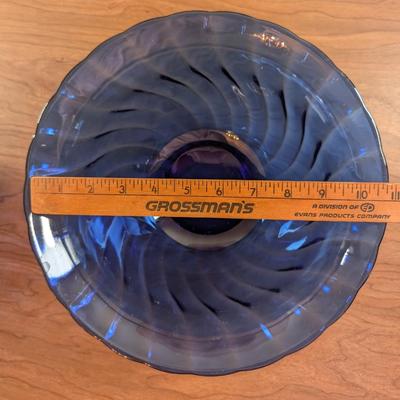 LOT 56K: Vintage Large Smokey Mauve Glass Shallow Bowl With Stand, Medium Size Cobalt Blue Plate And Blue Glass Bowls With Vertical Ridge...