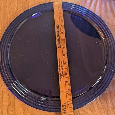 LOT 56K: Vintage Large Smokey Mauve Glass Shallow Bowl With Stand, Medium Size Cobalt Blue Plate And Blue Glass Bowls With Vertical Ridge...