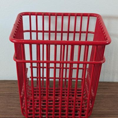 LOT 57K: Kitchen Collection, Red Wire Collapsible Dish Drying Rack With Matching Utensil Holder, Serving Utensils, Vintage Cook Book And...