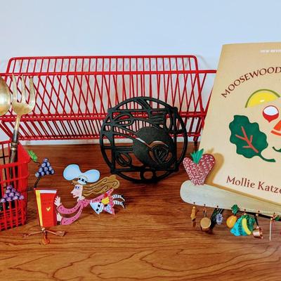 LOT 57K: Kitchen Collection, Red Wire Collapsible Dish Drying Rack With Matching Utensil Holder, Serving Utensils, Vintage Cook Book And...