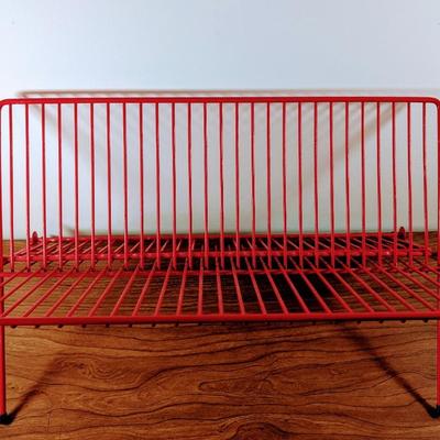 LOT 57K: Kitchen Collection, Red Wire Collapsible Dish Drying Rack With Matching Utensil Holder, Serving Utensils, Vintage Cook Book And...