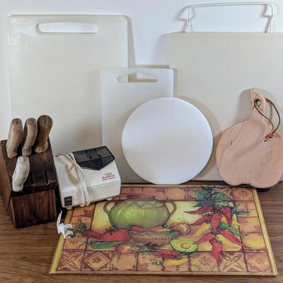 LOT 59K: Collection Of Kitchen Accessories, 1 Butcher Block Of Knives, Cutting Boards Of Varied Sizes And Materials, And An Electric...