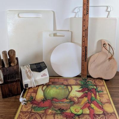 LOT 59K: Collection Of Kitchen Accessories, 1 Butcher Block Of Knives, Cutting Boards Of Varied Sizes And Materials, And An Electric...